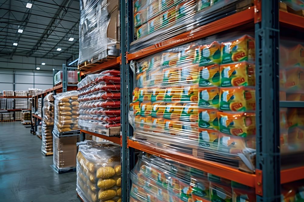 A selection of high-quality food products ready for export, including dairy items, beverages, and snacks, all packaged for international shipping.